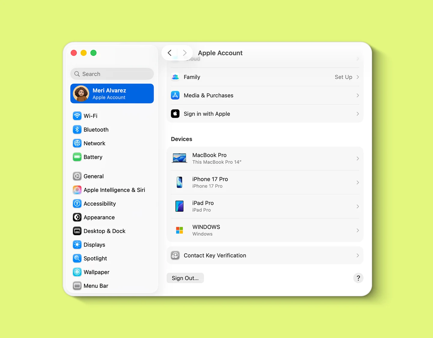 The Devices tab in the Find My app showing a list of connected devices linked to the user's iCloud account.