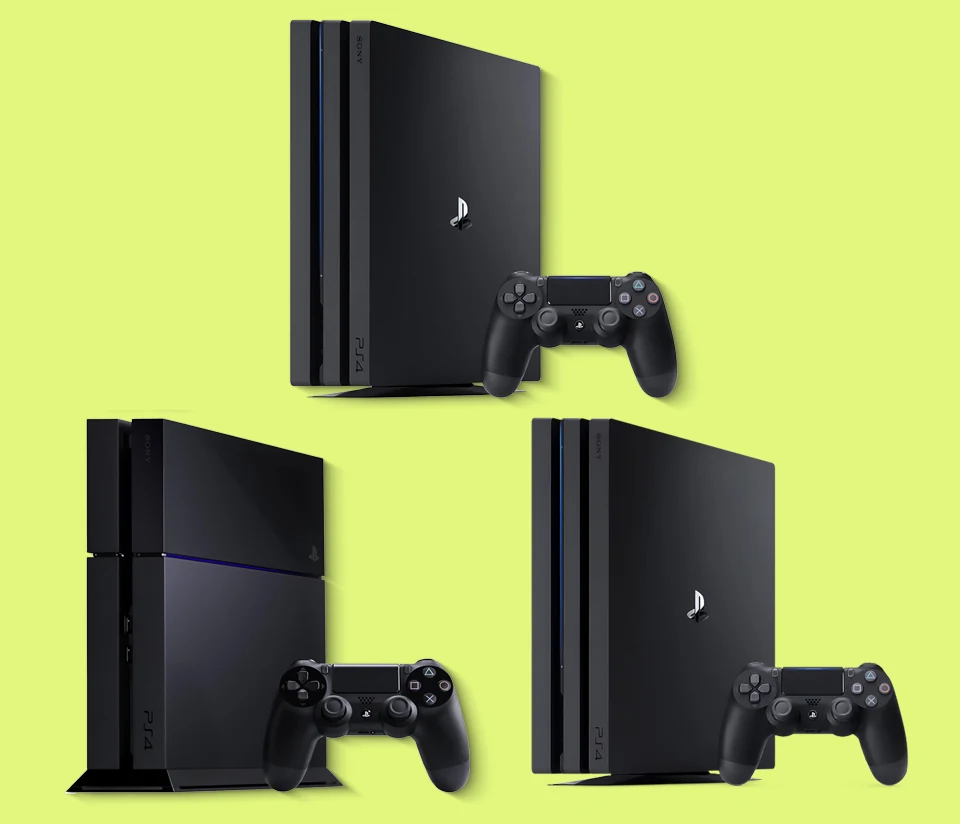 The original PS4, PS4 Slim, and PS4 Pro consoles are displayed side by side for comparison.