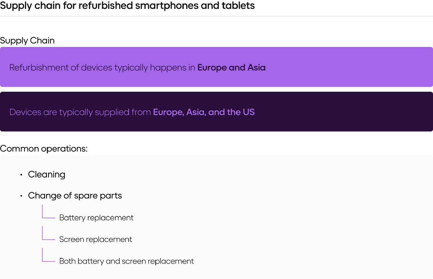A breakdown of where smartphones and tablets are sourced and repaired.