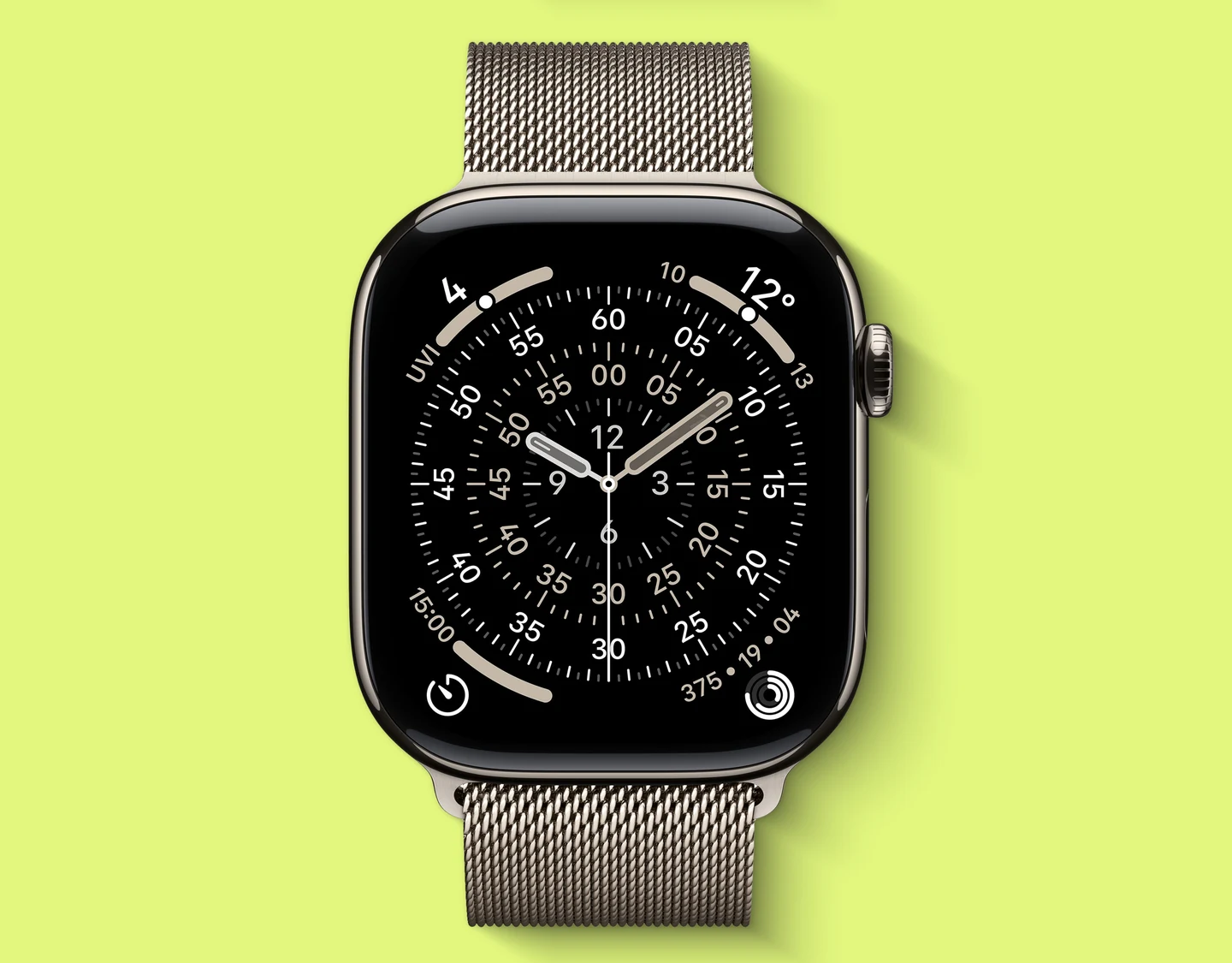 An image of the Apple Watch 11 in Natural titanium.