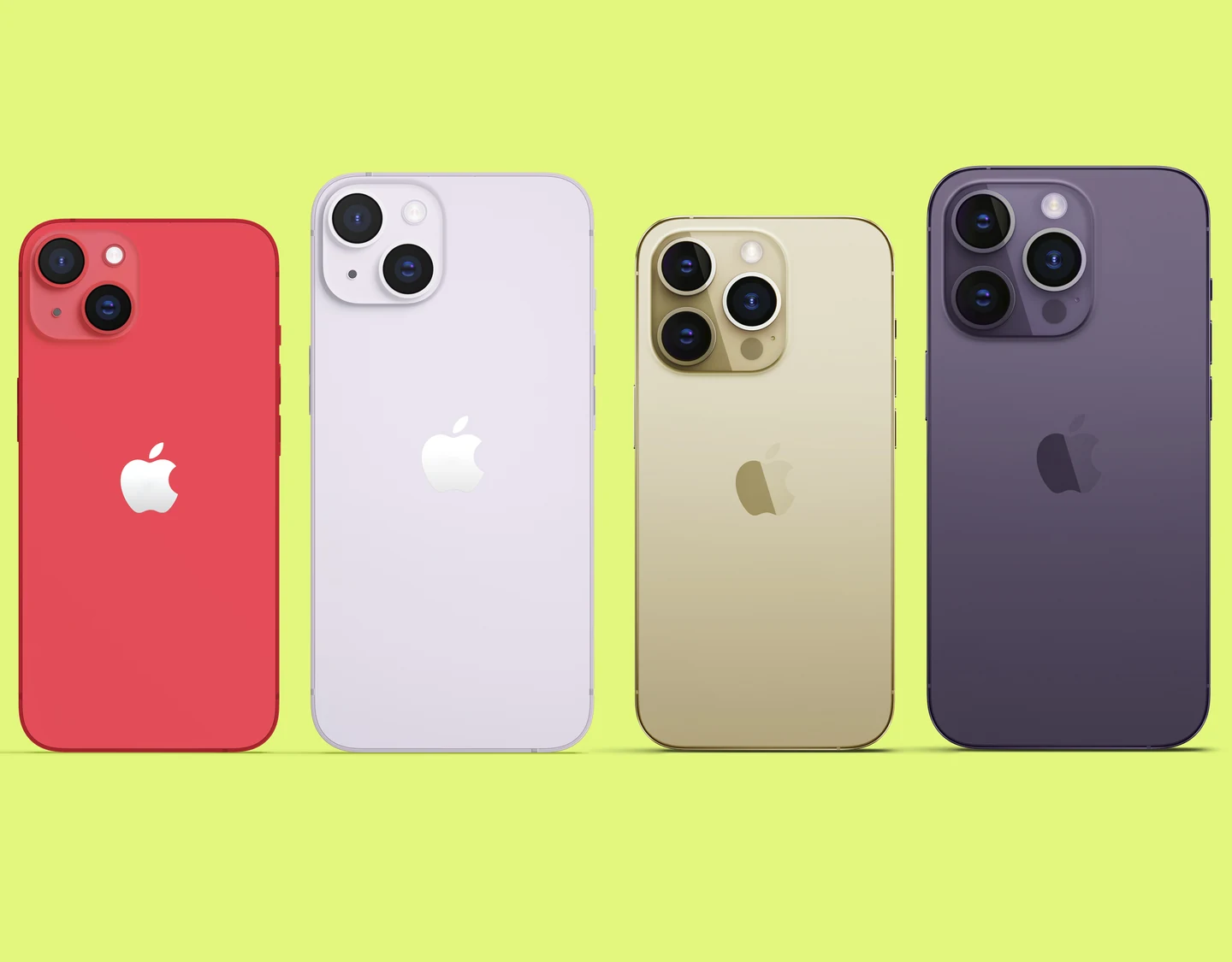 An iPhone 14, iPhone 14 Plus, iPhone 14 Pro, and iPhone 14 Pro Max side by side