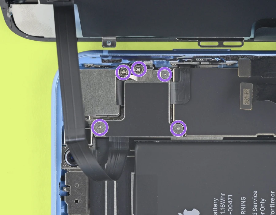 iPhone open with connectors and screws that need to be reconnected highlighted