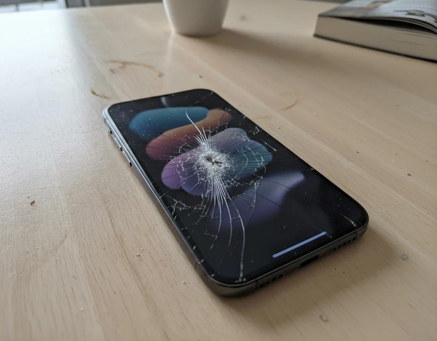 An image of an iPhone with a cracked screen sitting on a table
